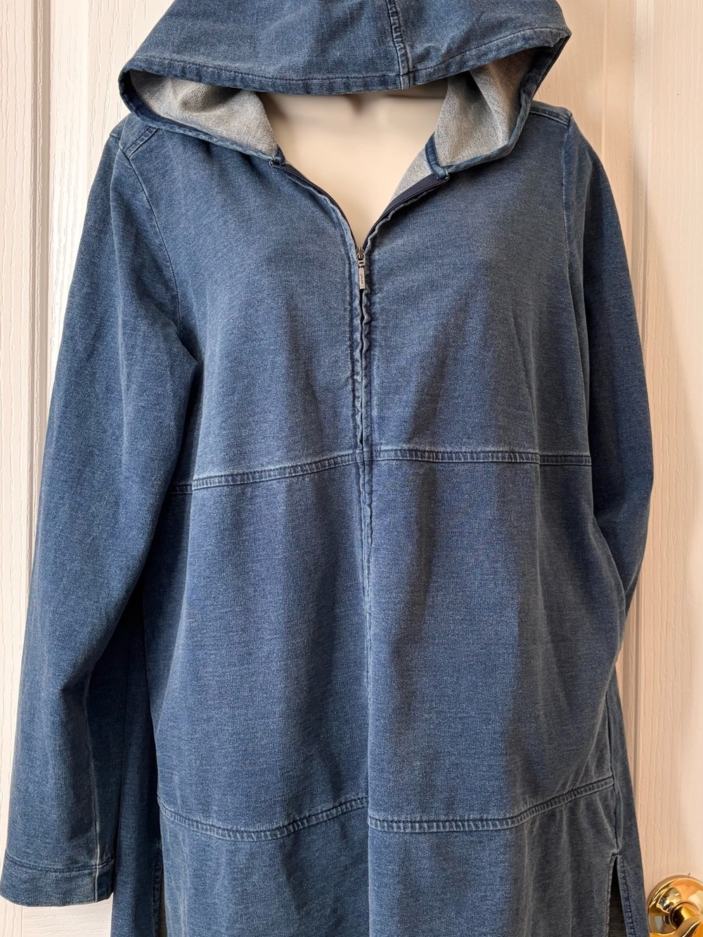 Washed Blue Hooded Denim-Style Jean Jacket - Picture 4 of 6